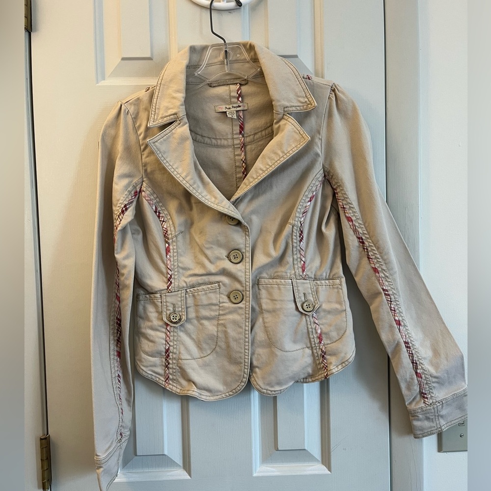 EUC Free People Khaki Piped Denim Blazer / Jacket | Size 6